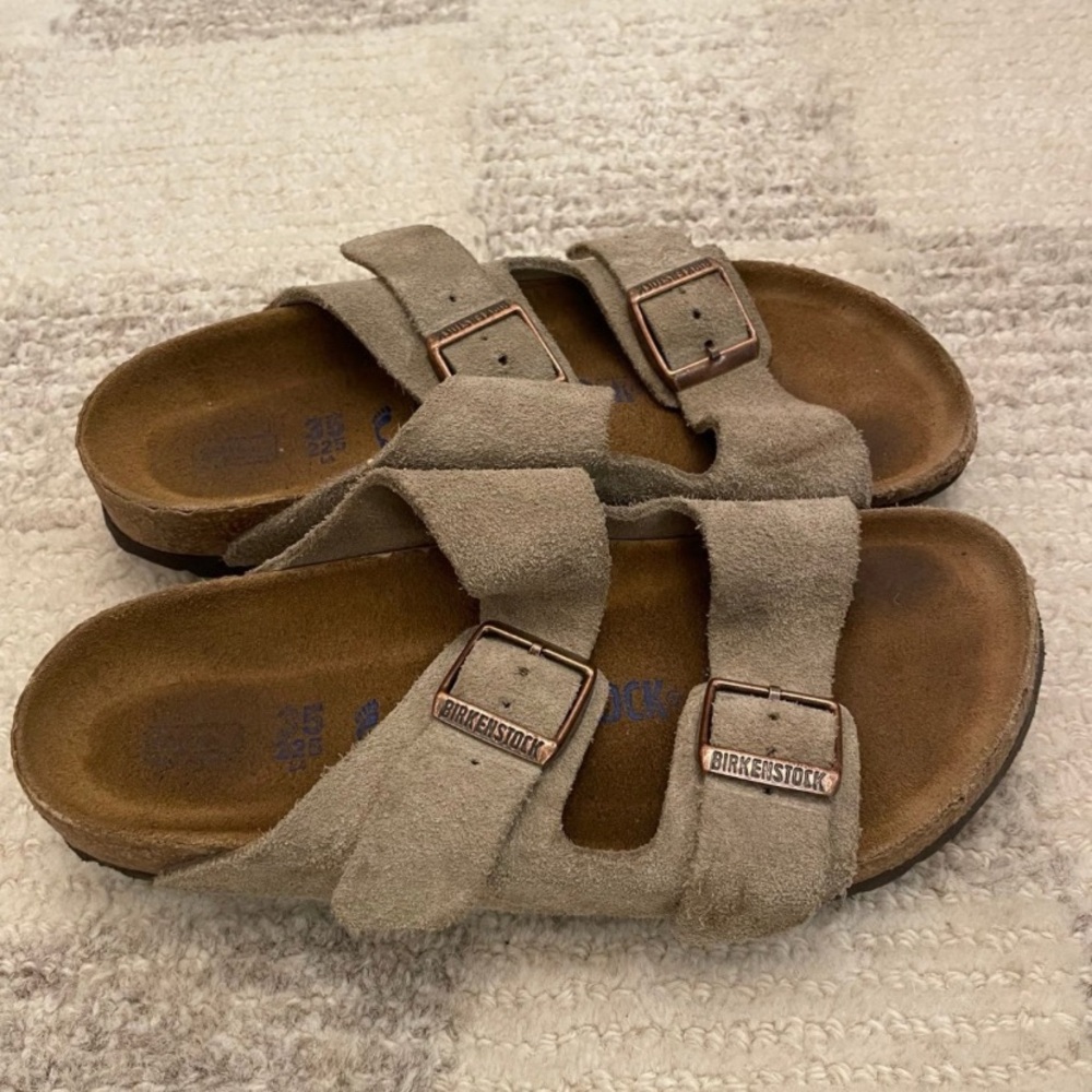 Birkenstock Tan Suede Sandals with Adjustable Straps and Contoured Footbed